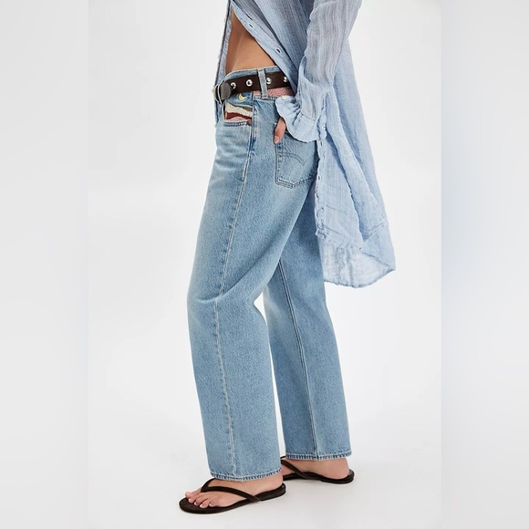 LEVI’S EMBROIDERED 501 90’s STRAIGHT LEG ANKLE JEANS BOHO ANTHROPOLOGIE Blue 28 - Picture 3 of 5